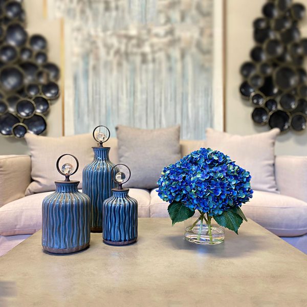 Dark blue hydrangea in vase