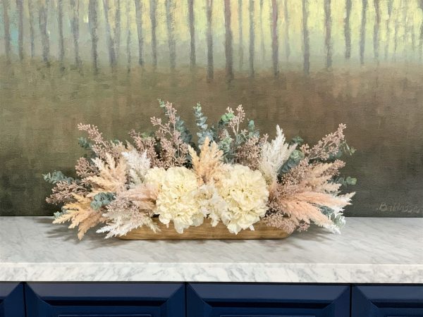 Hydrangeas, Pampas in a Wooden Bowl