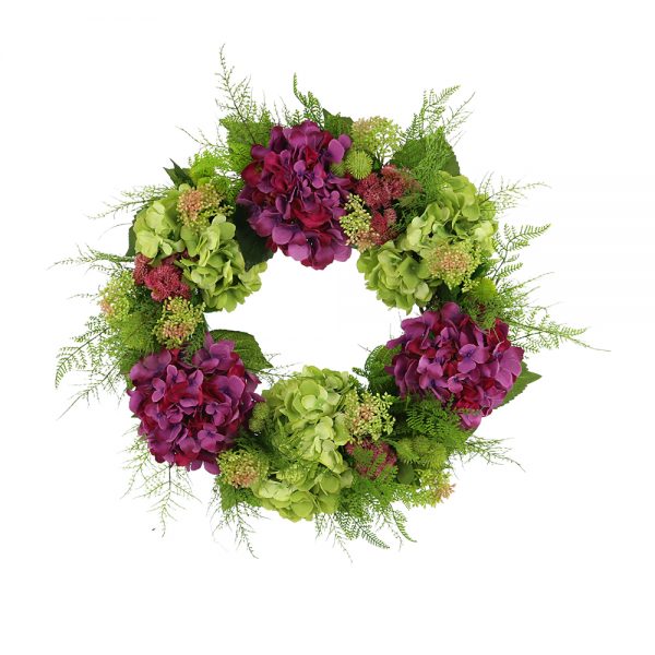 28" Assorted Hydrangea Wreath with Sedum and Fern Leaves