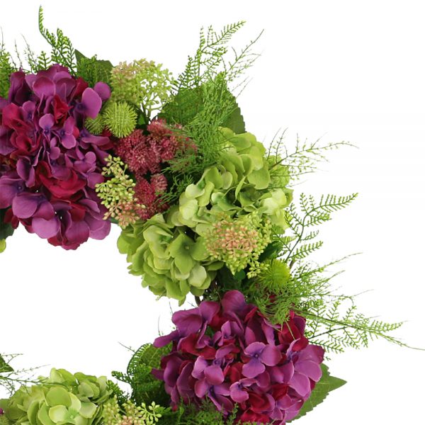 28" Assorted Hydrangea Wreath with Sedum and Fern Leaves