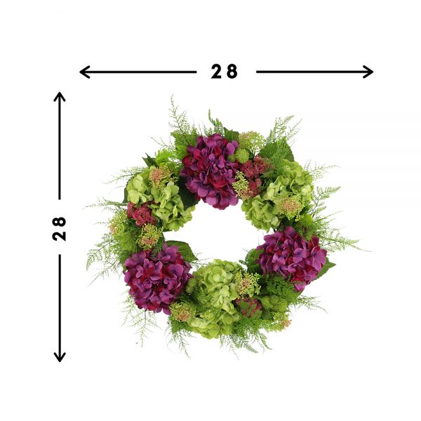 28" Assorted Hydrangea Wreath with Sedum and Fern Leaves