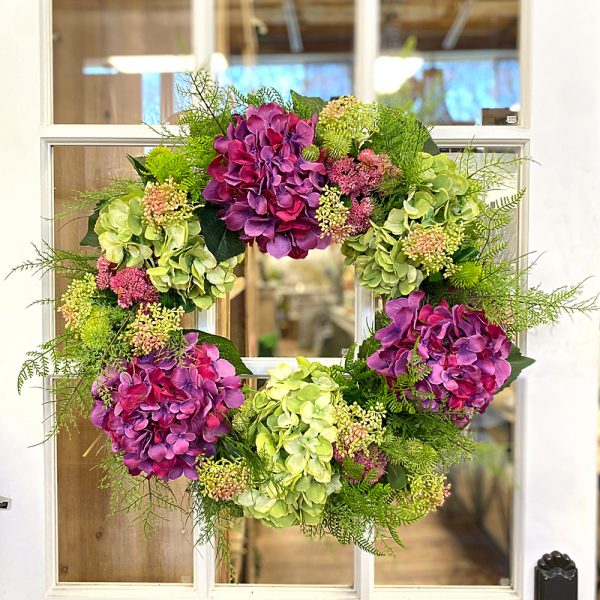 28" Assorted Hydrangea Wreath with Sedum and Fern Leaves