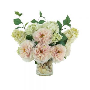 Peony, Hydrangea In Glass Vase with Seashells