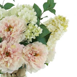 Peony, Hydrangea In Glass Vase with Seashells