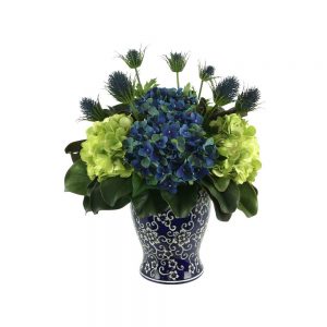 Assorted Hydrangea, Thistle In Decorative Ceramic Vase