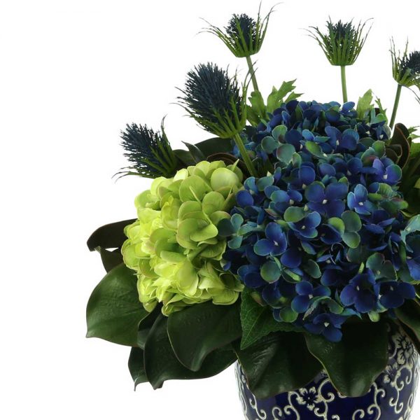 Assorted Hydrangea, Thistle In Decorative Ceramic Vase