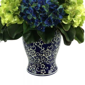 Assorted Hydrangea, Thistle In Decorative Ceramic Vase