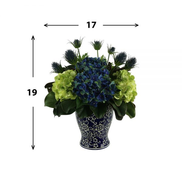Assorted Hydrangea, Thistle In Decorative Ceramic Vase