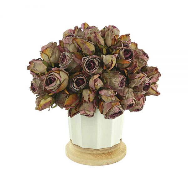 Dried Roses In Ceramic Pot with Wooden Base
