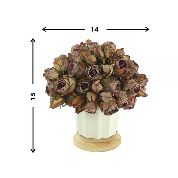 Dried Roses In Ceramic Pot With Wooden Base