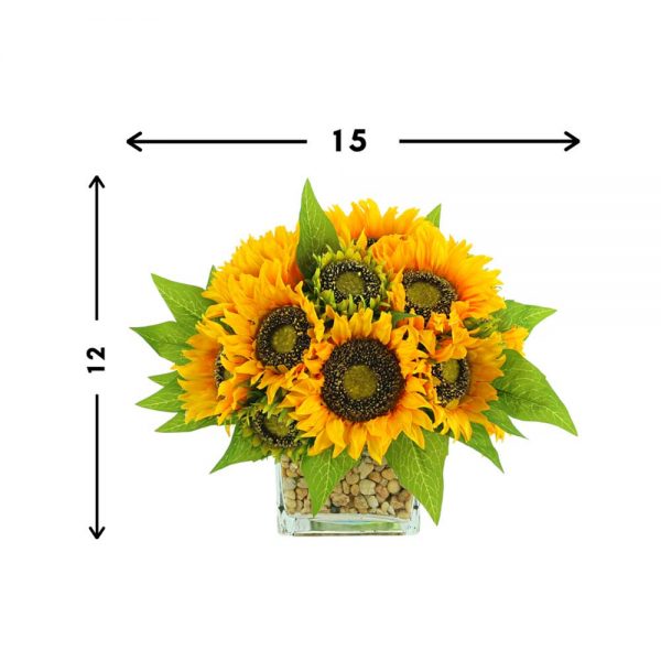 Sunflowers In Square Glass Vase with Stones