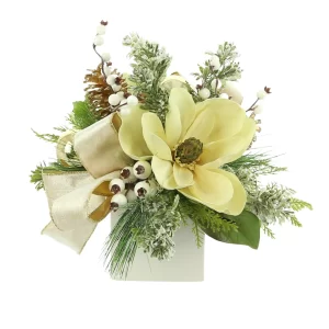 Magnolia and Berry Holiday Arrangement in a Square Vase with Ribbon