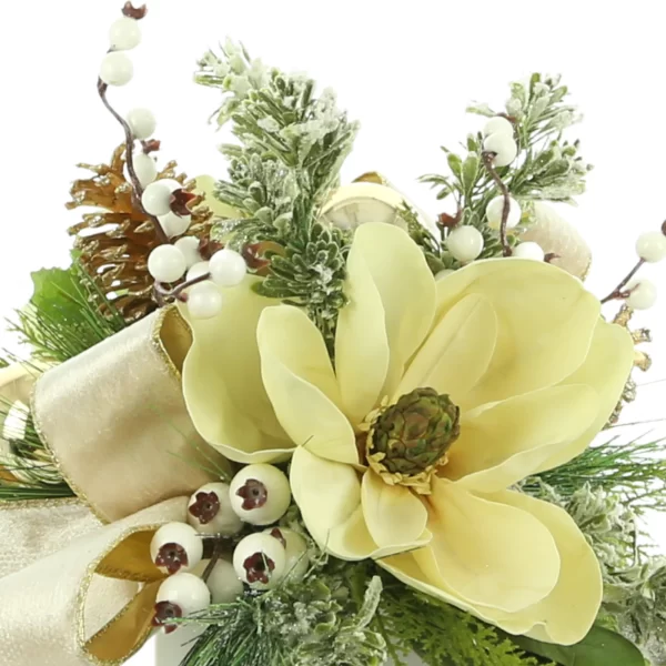 Magnolia and Berry Holiday Arrangement in a Square Vase with Ribbon