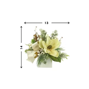 Magnolia and Berry Holiday Arrangement in a Square Vase with Ribbon