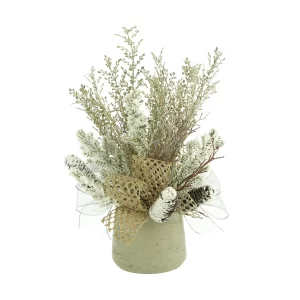 Snowy Branch and Pinecone Holiday Arrangement with Ribbon in a Fiberstone Pot