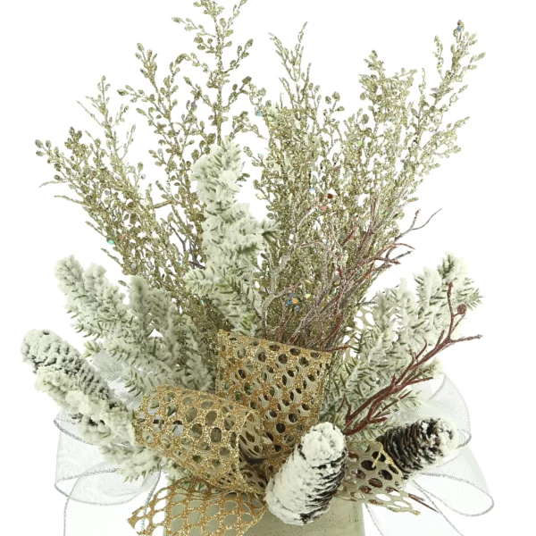 Snowy Branch and Pinecone Holiday Arrangement with Ribbon in a Fiberstone Pot