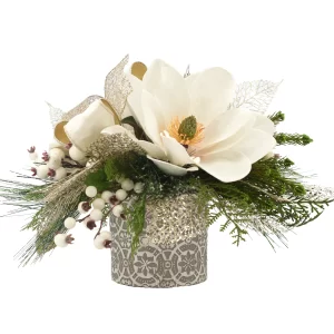 Magnolia with Evergreen and Berries in a Decorative Ceramic Vase