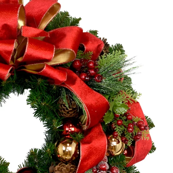 26" Holiday Evergreen Wreath with Berries, Ornaments, Pinecones and Bows