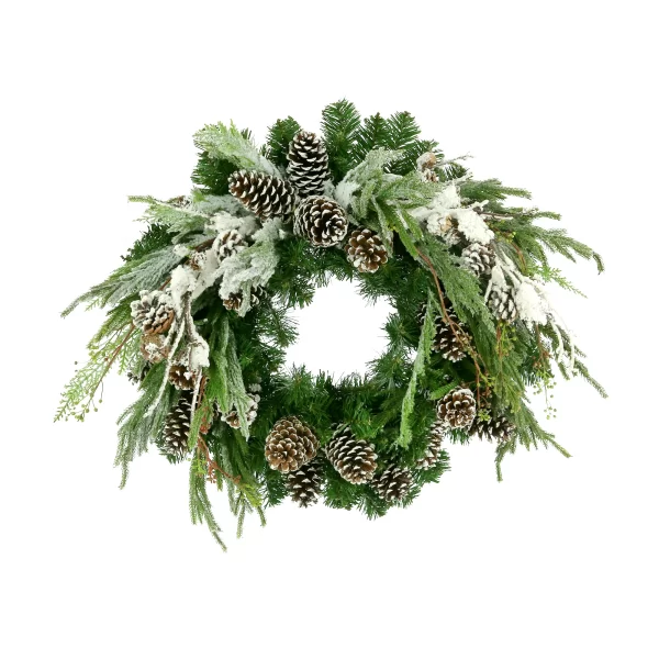 26" Holiday Evergreen Wreath with Snowy Branches and Pinecones