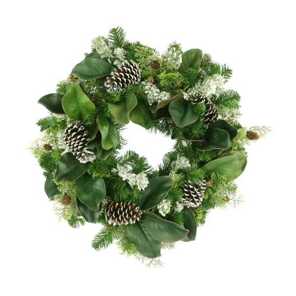26" Evergreen Holiday Wreath with Magnolia Leaves and Snowy Pinecones