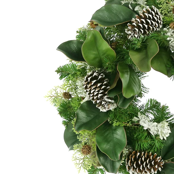 26" Evergreen Holiday Wreath with Magnolia Leaves and Snowy Pinecones