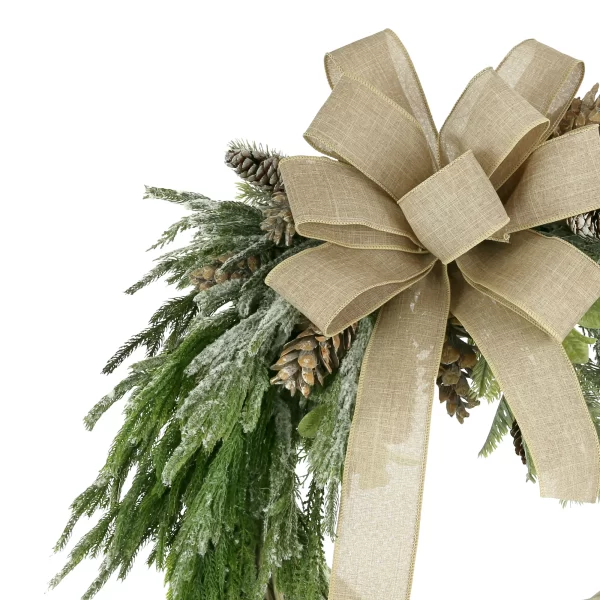 30" Woven Willow Holiday Wreath with Evergreen, Pinecones and a Large Bow - Image 2