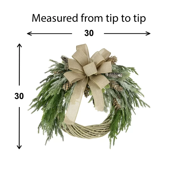 30" Woven Willow Holiday Wreath with Evergreen, Pinecones and a Large Bow - Image 3