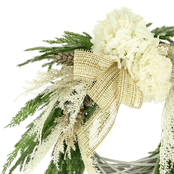 28" Woven Willow Holiday Wreath with Hydrangeas, Evergreen and Burlap Bows