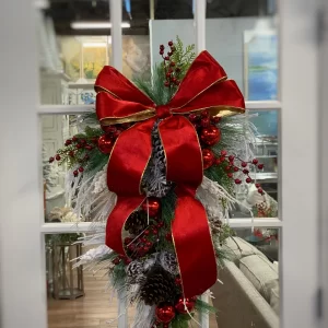 Snowy Holiday Swag with Pinecones, Berries, Ornaments and Ribbon