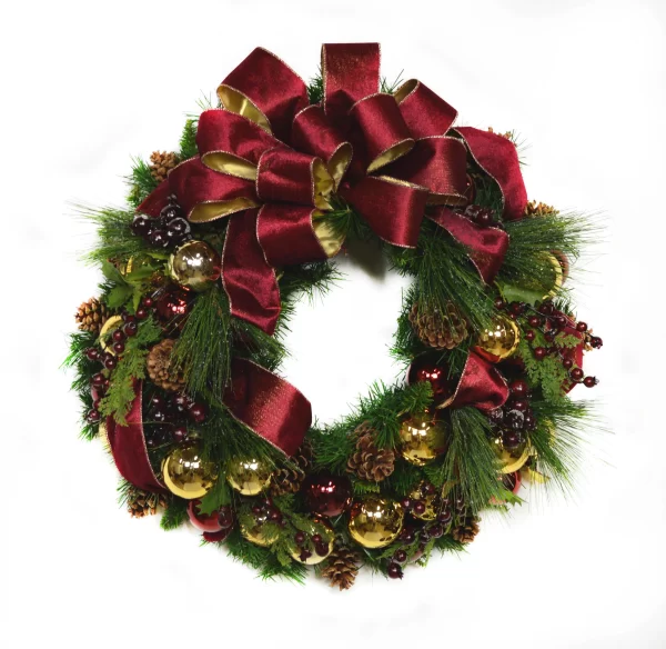 26" Evergreen Holiday Wreath with Berries, Ornaments and a Large Bow