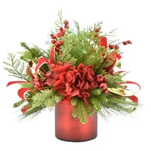 Holiday Arrangement with Hydrangeas, Cedar, Berries and Ribbon