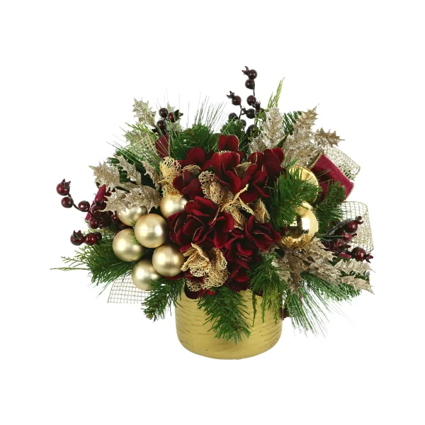 Hydrangea and Pine Holiday Arrangement in a Fiberstone Pot