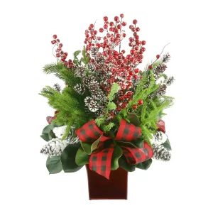Holiday Pine Arrangement with Snowy Pinecones, Berries and Plaid Bows