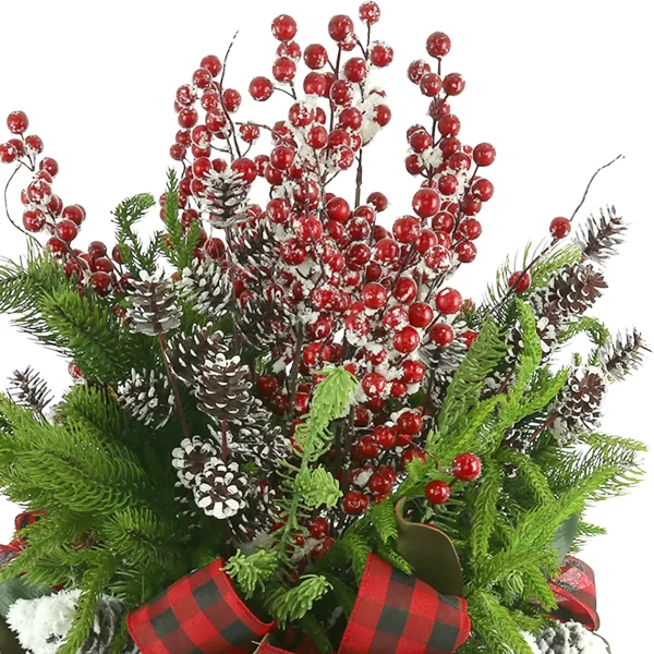 Holiday Pine Arrangement with Snowy Pinecones, Berries and Plaid Bows