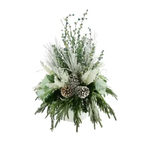 Holiday Arrangement with Snowy Pine Leaves, Pinecones, Berries and Bows