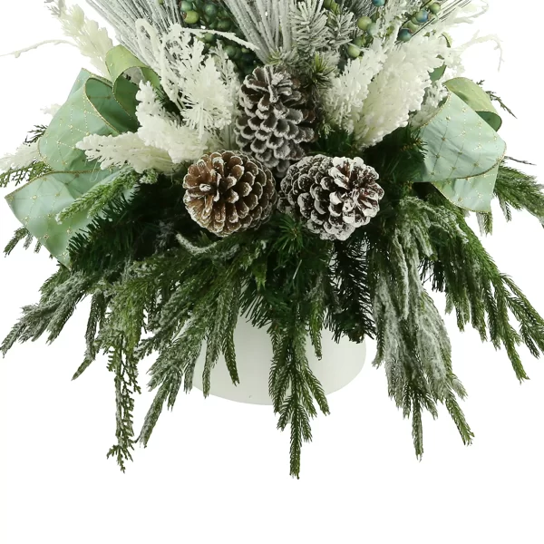 Holiday Arrangement with Snowy Pine Leaves, Pinecones, Berries and Bows