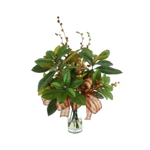 Magnolia Leaf and Berry Holiday Arrangement with Plaid Bows