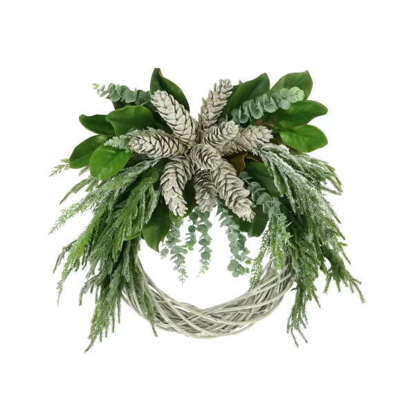 31" Holiday Wreath with Snowy Evergreen, Eucalyptus and Pinecones