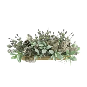 Lamb's Ear and Pinecone Holiday Arrangement with Bows in a Wooden Dough Bowl