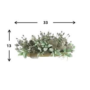 Lamb's Ear and Pinecone Holiday Arrangement with Bows in a Wooden Dough Bowl