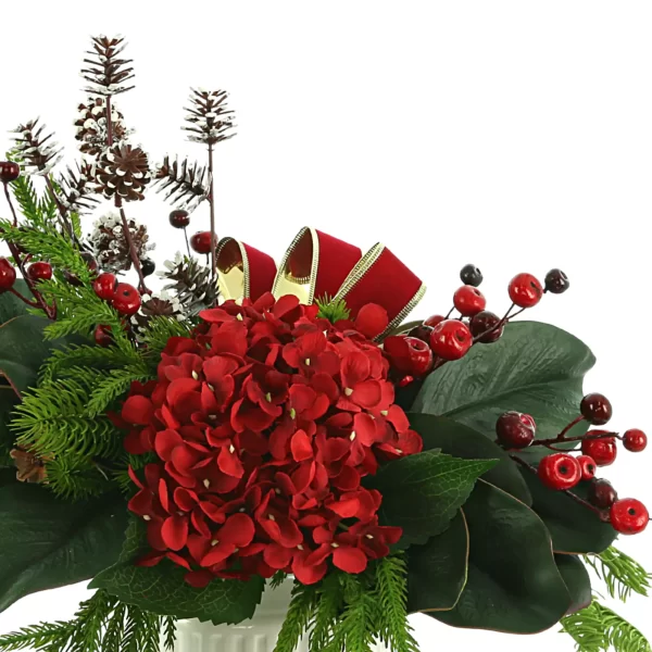 Hydrangea Holiday Arrangement with Pine, Berries and Bows in a Ceramic Pot