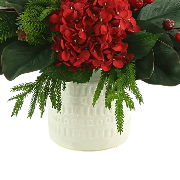 Hydrangea Holiday Arrangement with Pine, Berries and Bows in a Ceramic Pot