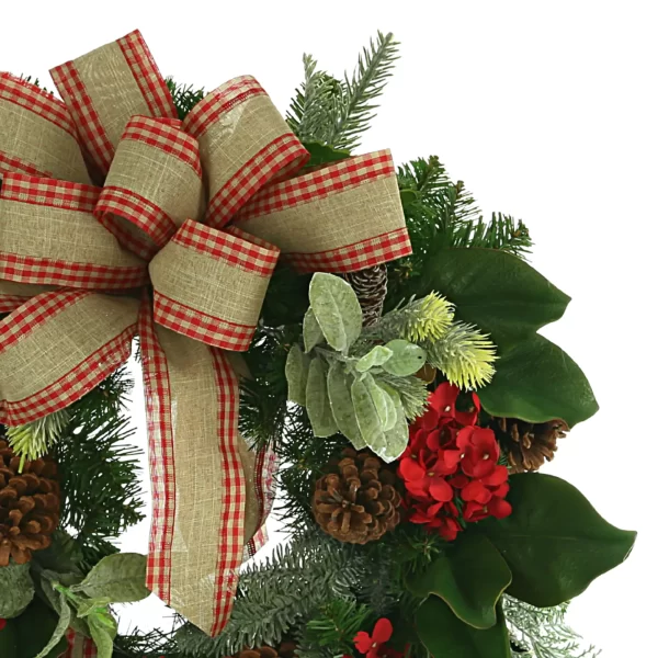 24" Evergreen Holiday Wreath with Hydrangeas, Pinecones and Bows