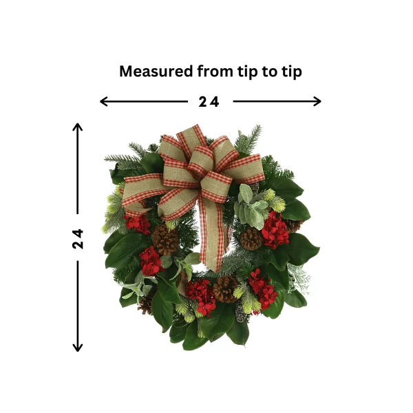 24" Evergreen Holiday Wreath with Hydrangeas, Pinecones and Bows