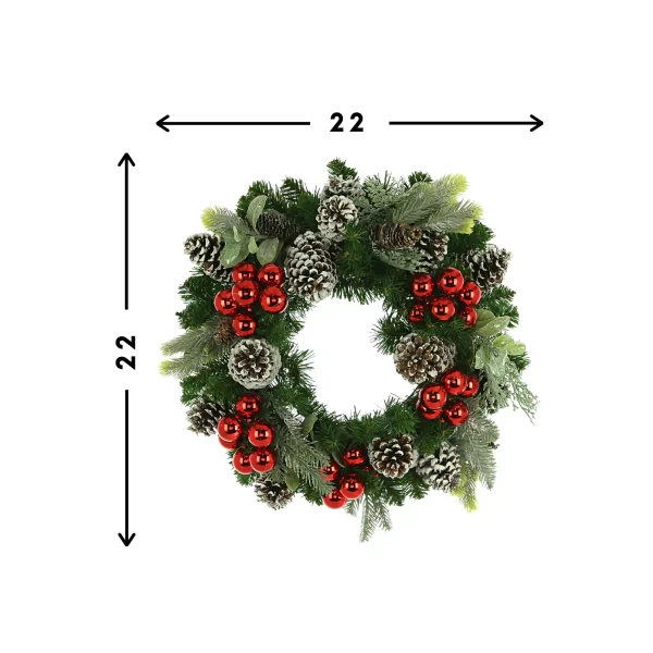 22" Evergreen Holiday Wreath with Ornaments and Assorted Pinecones