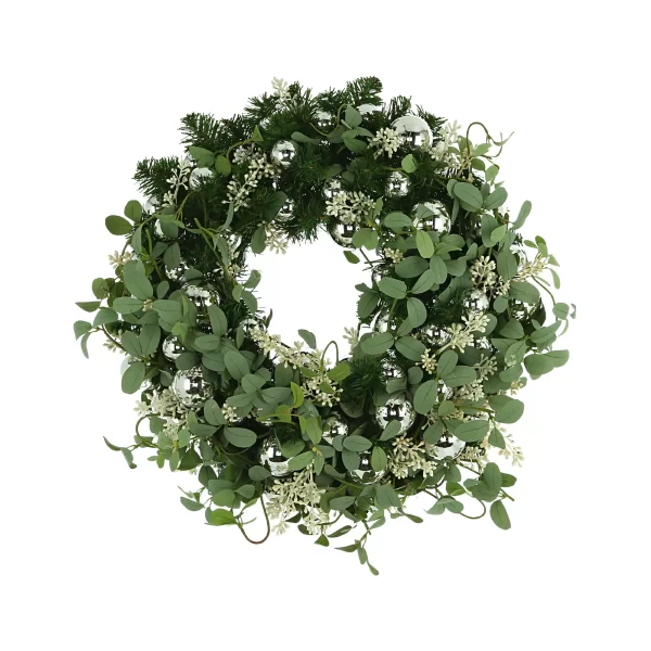 24" Evergreen Holiday Wreath with Ivy and Ornaments