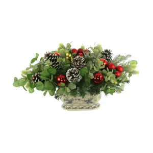 Pine Holiday Arrangement with Eucalyptus and Ornaments in a Ceramic Pot