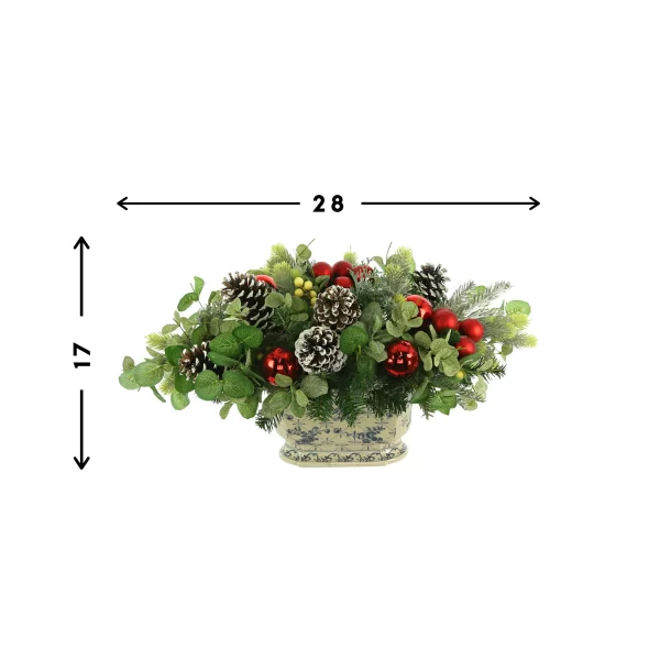 Pine Holiday Arrangement with Eucalyptus and Ornaments in a Ceramic Pot