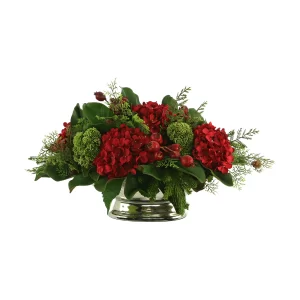Hydrangea Holiday Arrangement in a Metal Pot with Cedar, Sedum and Berries