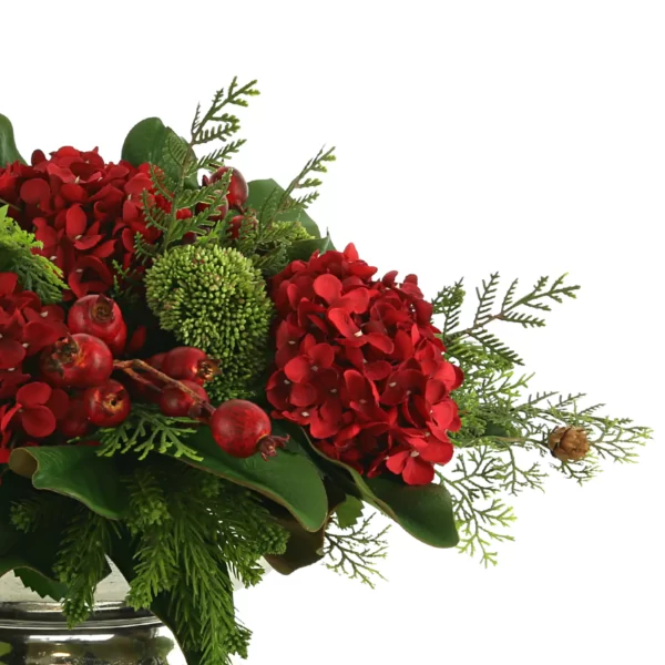 Hydrangea Holiday Arrangement in a Metal Pot with Cedar, Sedum and Berries